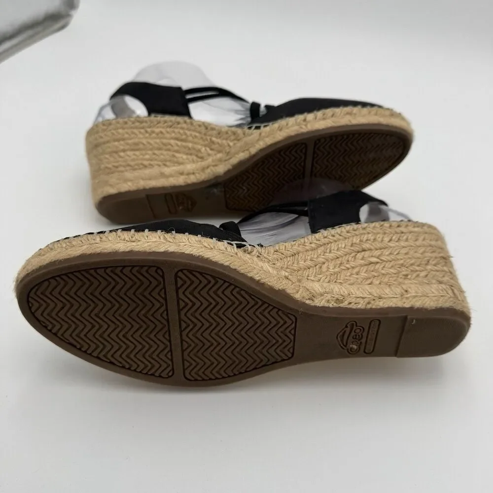 ABEO Delano Espadrille Wedge Sandal Black Leather Peep Toe Slip On 9N Crisscross
